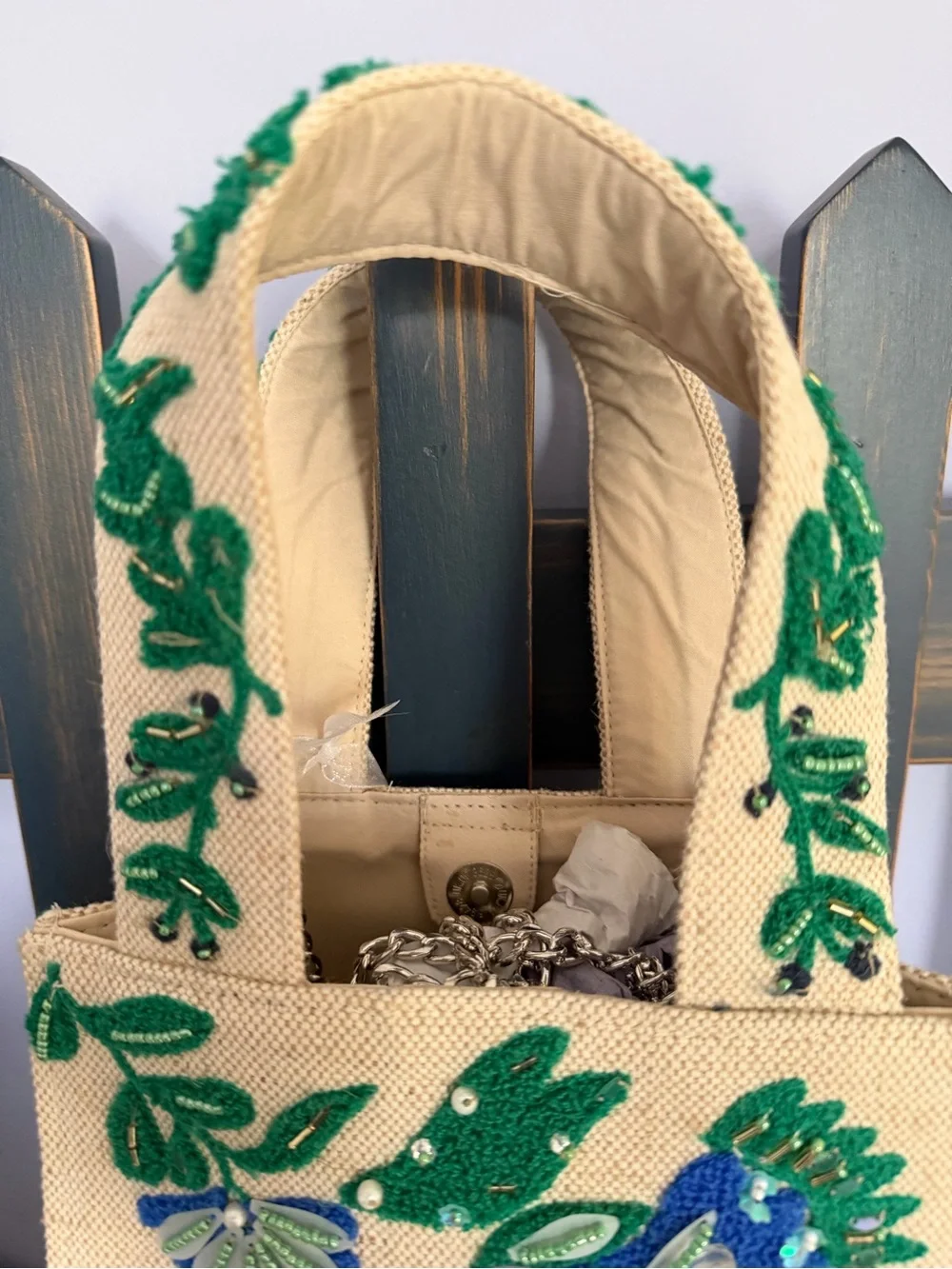 Beaded Bag Floral Embroidered Tote - Green and Blue NWT